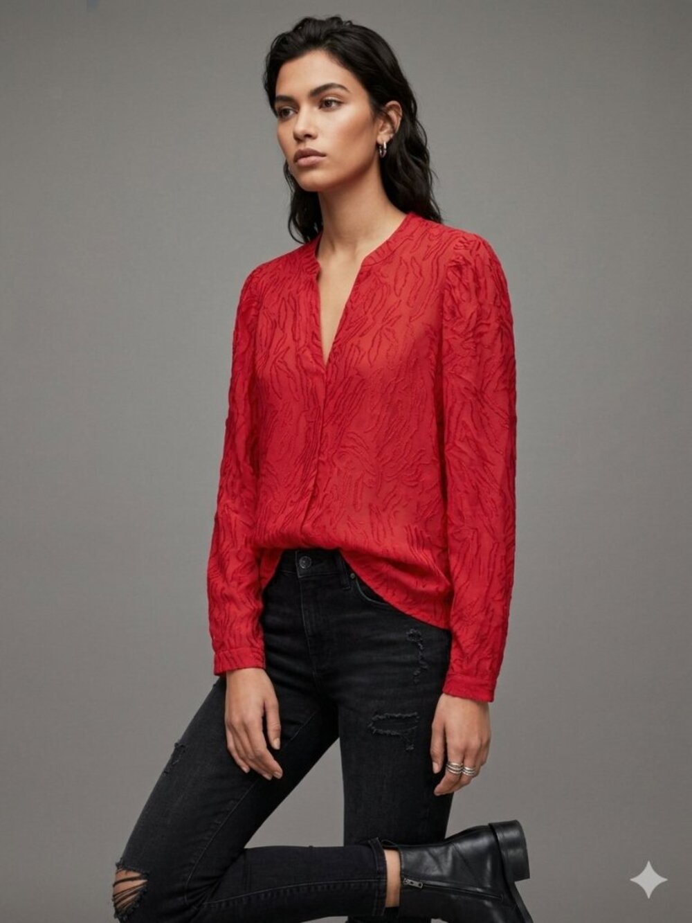 AllSaints Red Burnout Jacquard V-Neck Blouse M